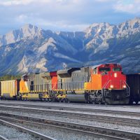 Freight container train in Jasper. Alberta. Canada.